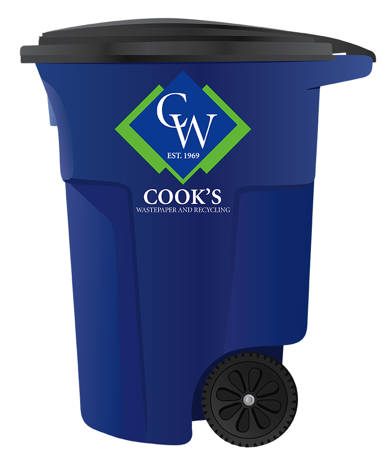 Photo of Cooks Waste 95 gallon residential roll away trash bin.